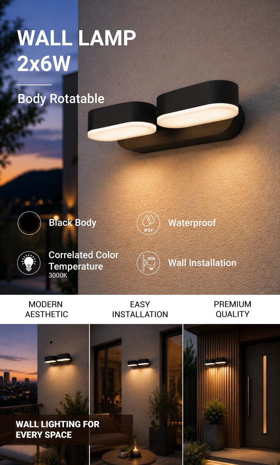 LED Wall Light Epistar 2x6W Black Body Rotatable - product view