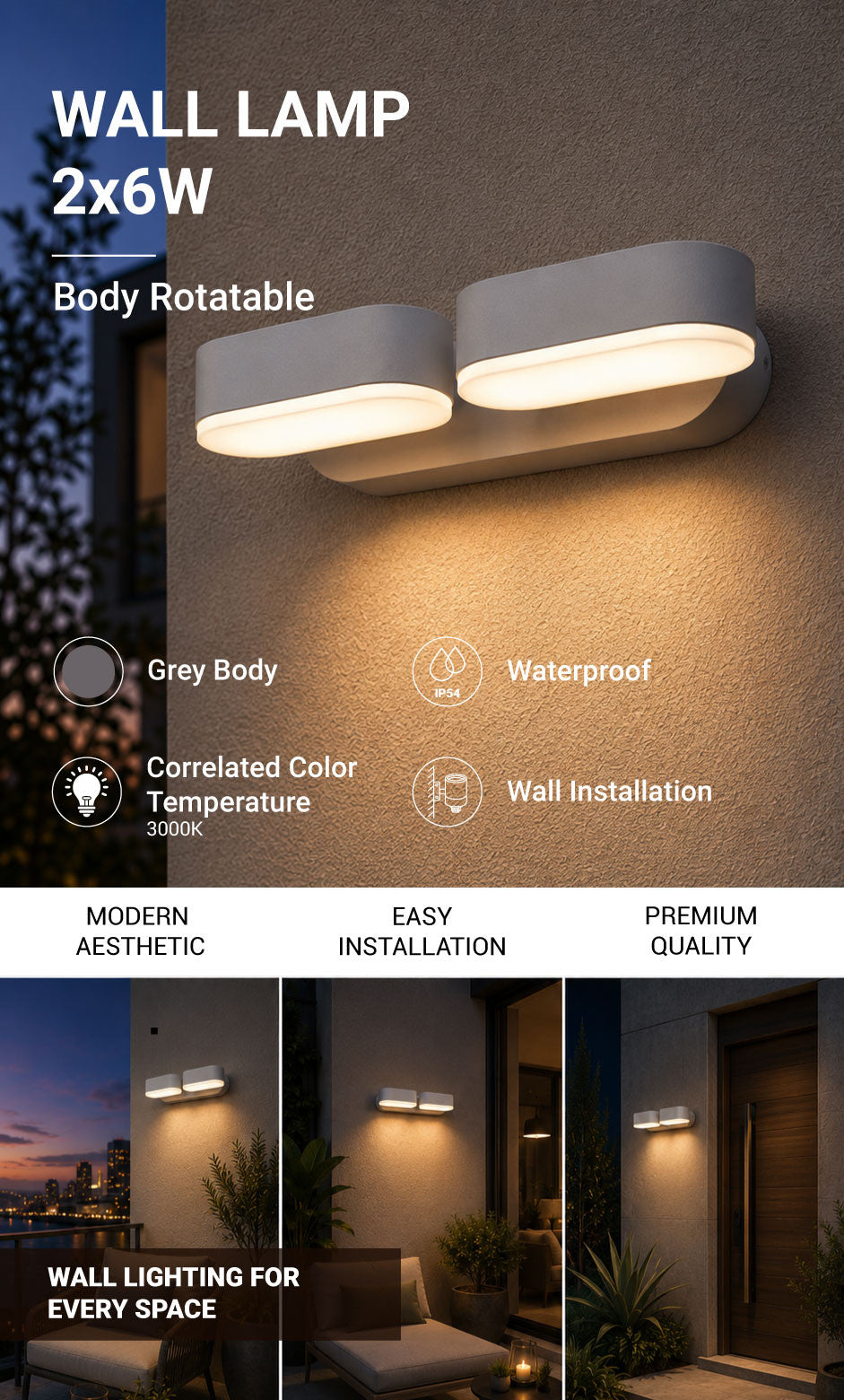 LED Wall Light Epistar 2x6W Grey Body Rotatable - product view