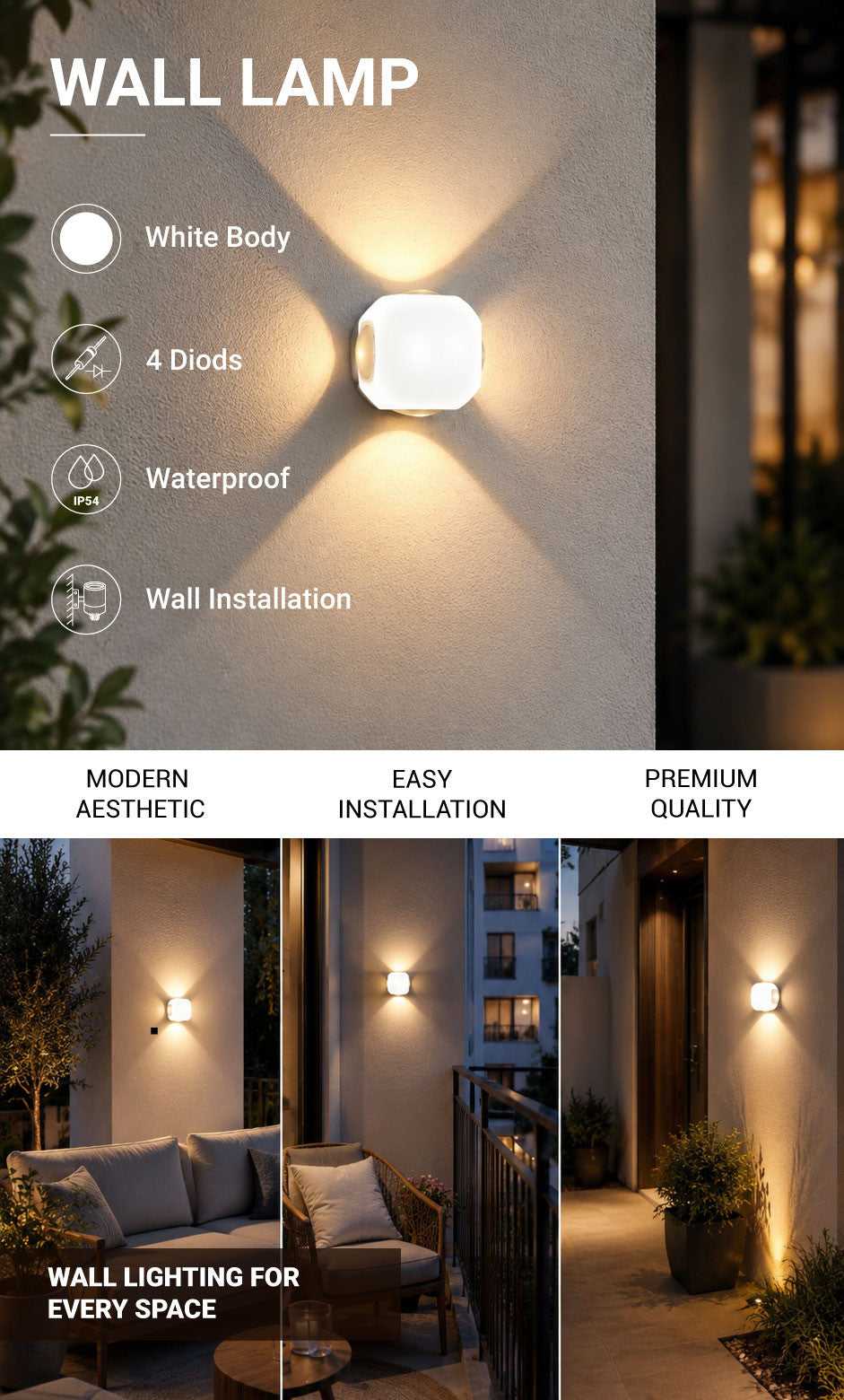 LED Wall Light Round 4 Diods White Body - product view