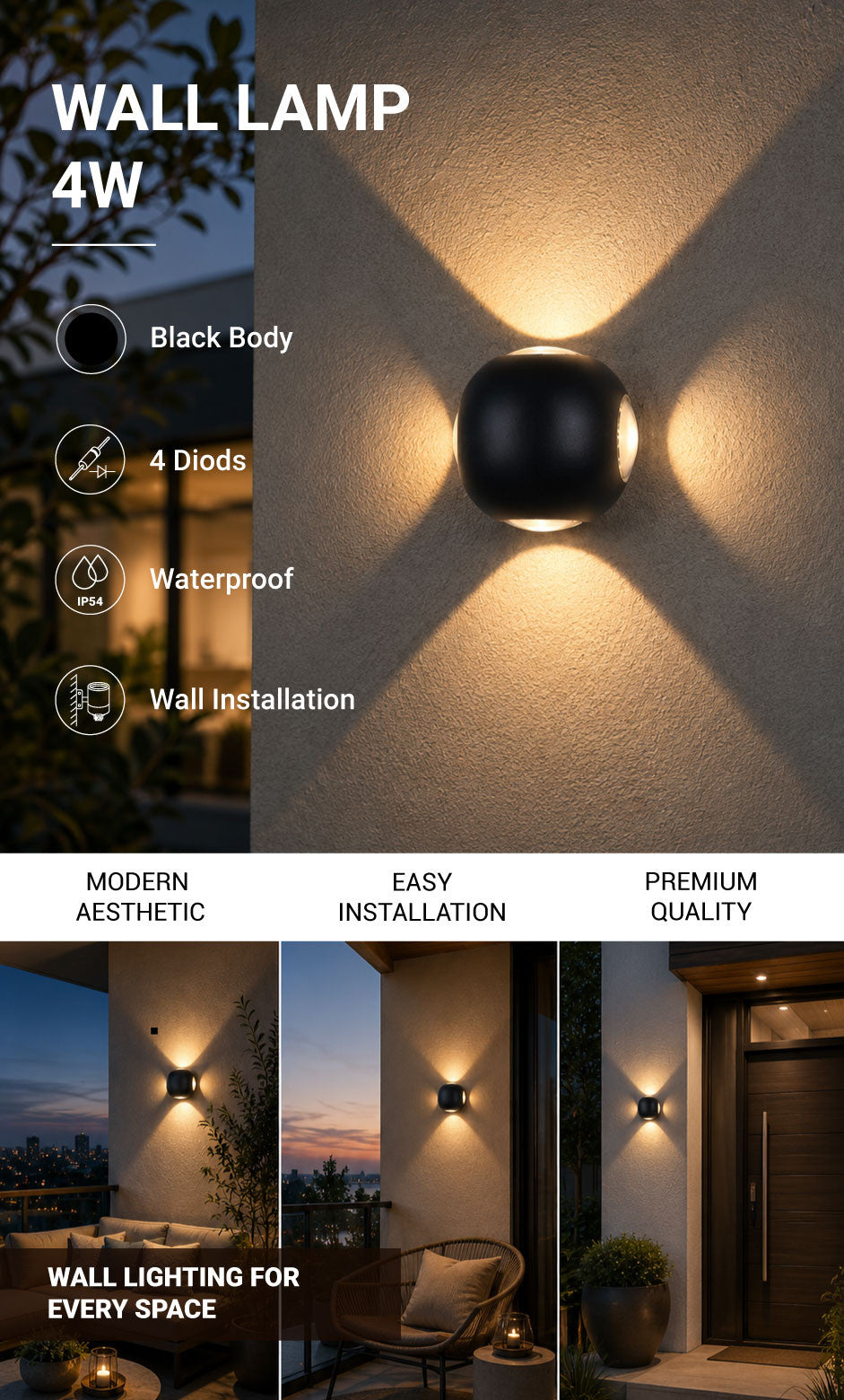 LED Wall Light Round 4 Diods Black Body - product view