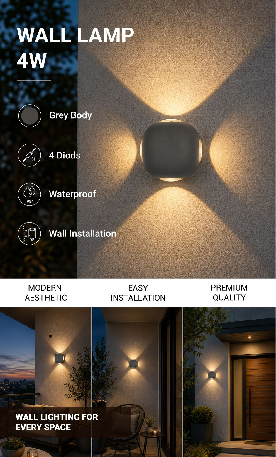 LED Wall Light Round 4 Diods Grey Body - product view