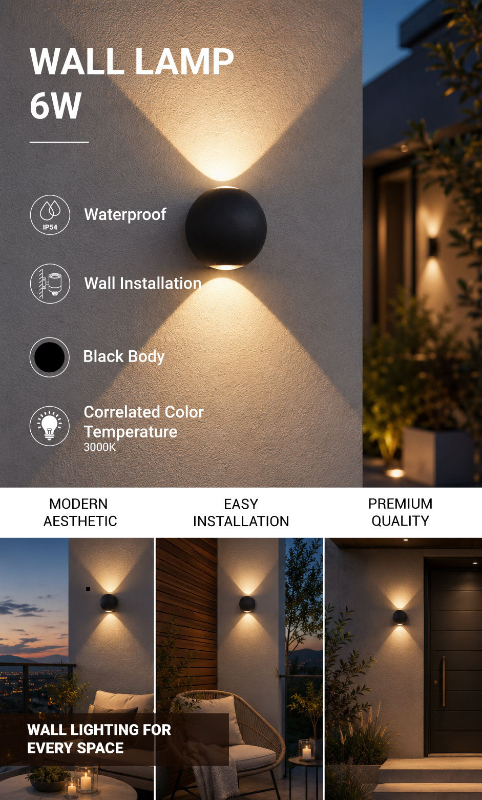 LED Wall Light Round Black Body - product view