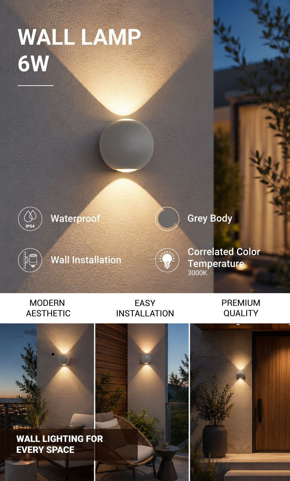 LED Wall Light Round Grey Body - product view