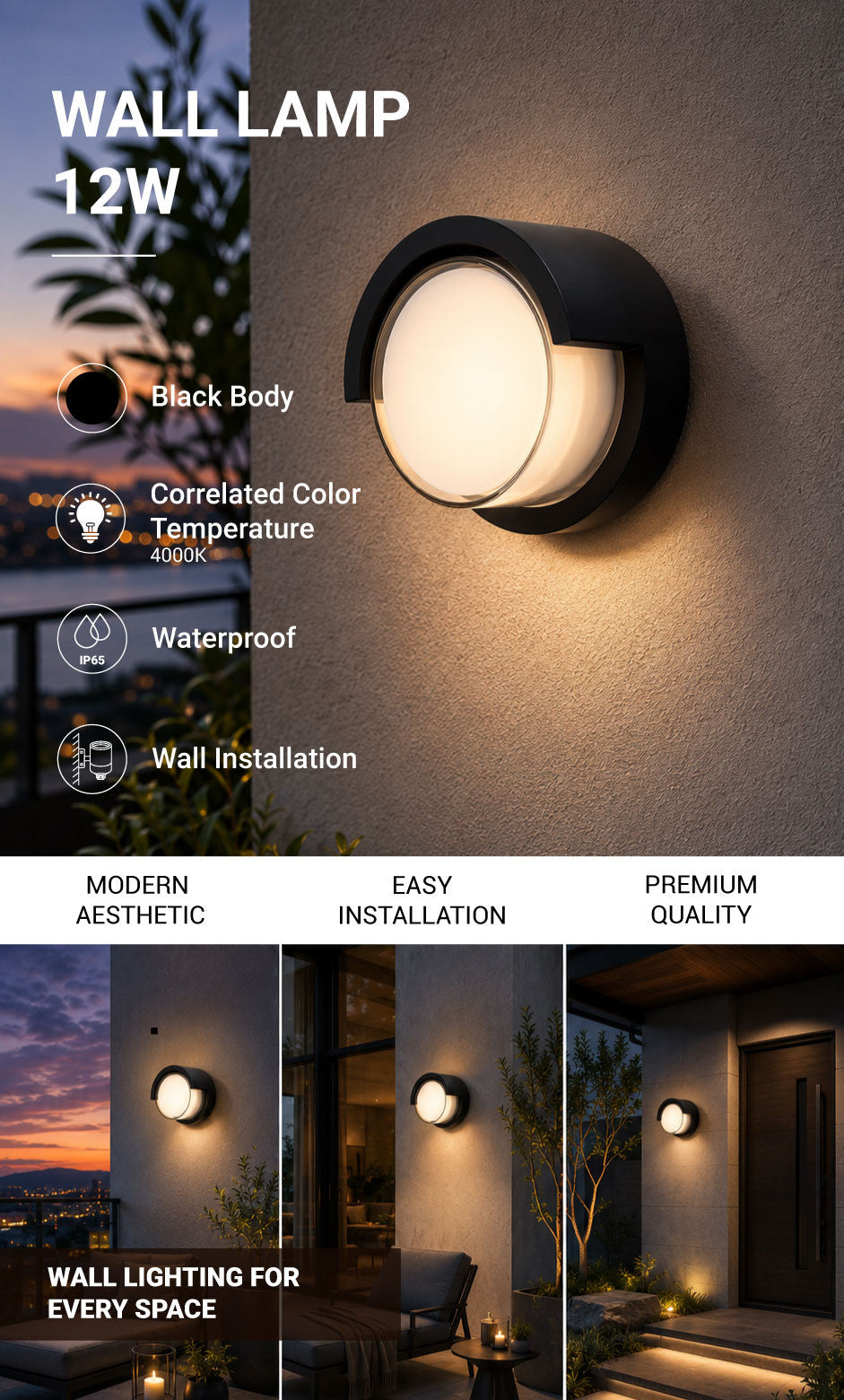 LED Wall Light Round Black - product view
