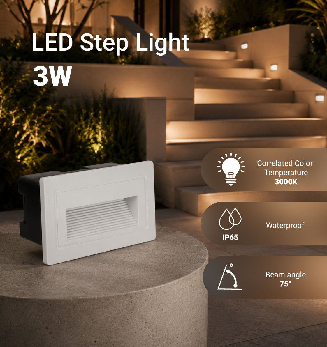 LED Step Light SQUARE WHITE 3W IP65 - product view
