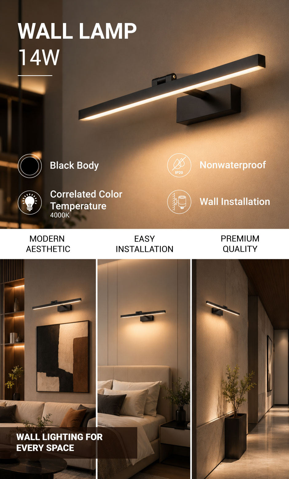 LED Mirror/Wall Light 14W - Black Body - product view
