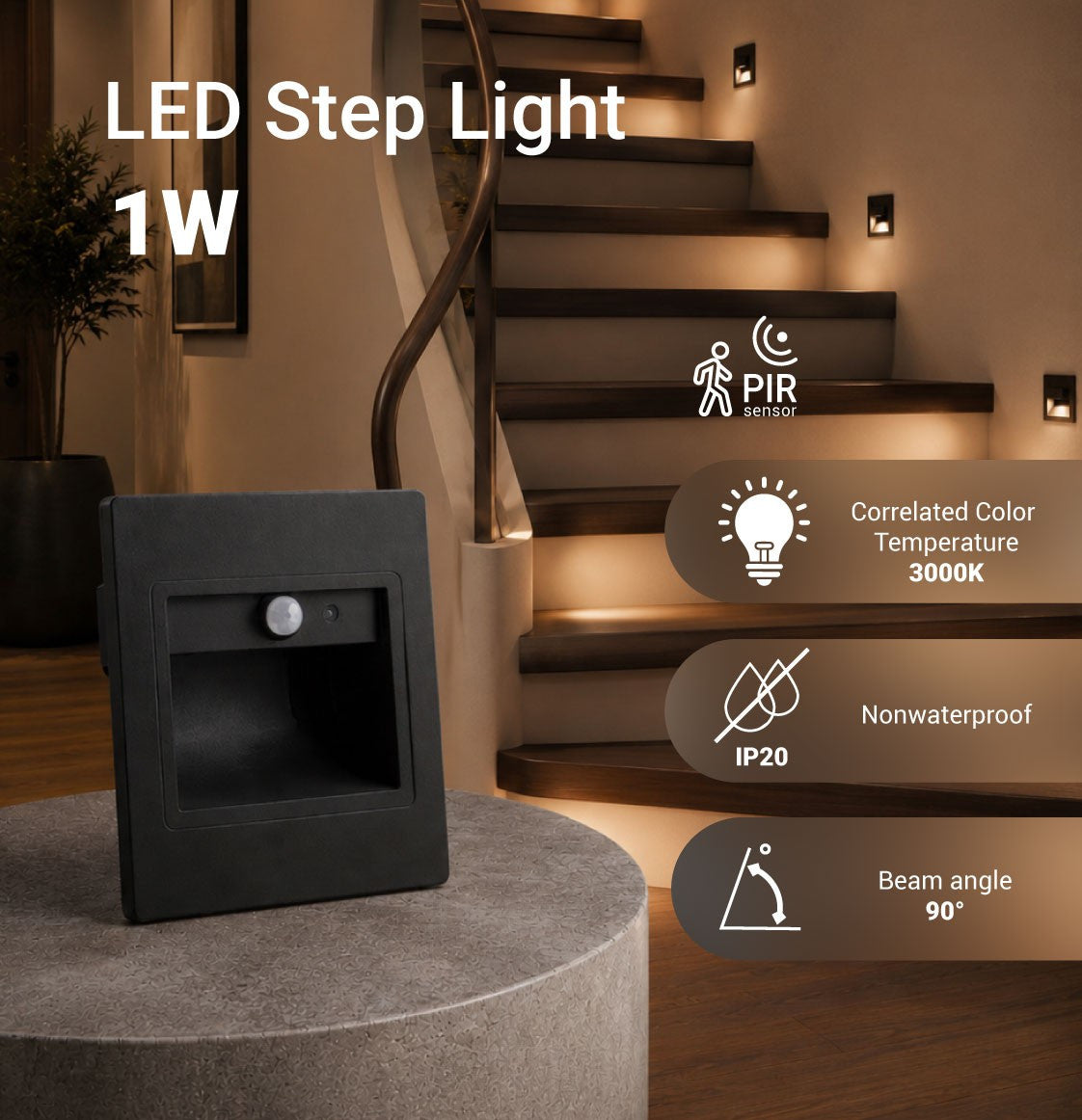 LED Step Light Square 1W 3000K IP20 Black + Sensor - product view