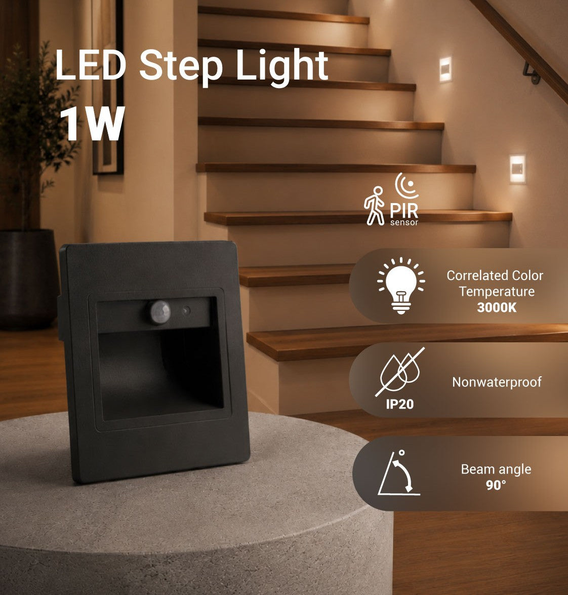 LED Step Light Square 1W 3000K IP20 Grey + Sensor - product view