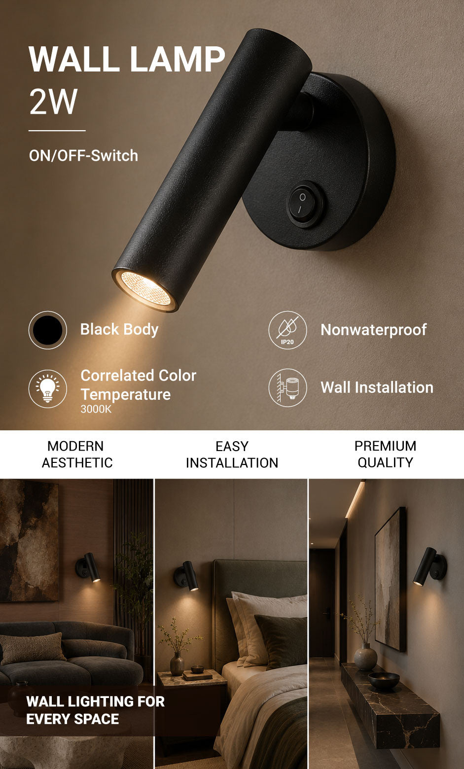 LED Cabinet Light 2W With ON/OFF-Switch Black - product view