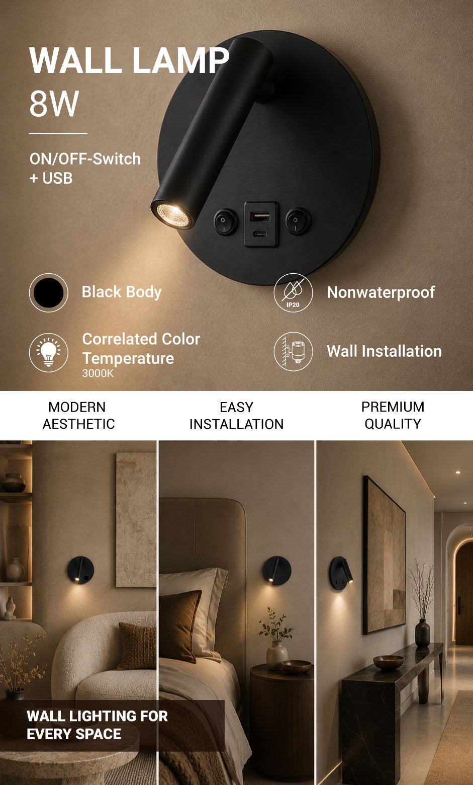 LED Cabinet Light 8W With ON/OFF-Switch + USB Black - product view