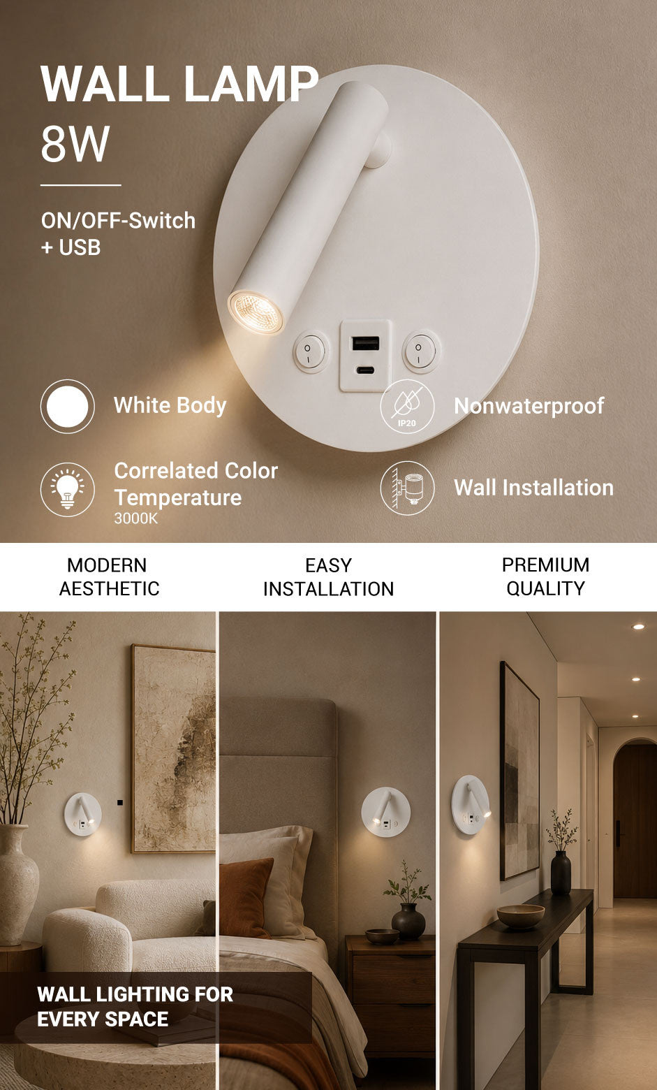 LED Cabinet Light 8W With ON/OFF-Switch + USB White - product view