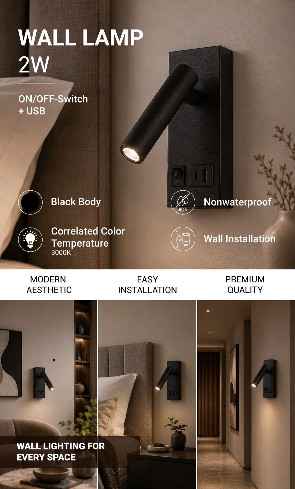 LED Cabinet Light 2W With ON/OFF-Switch + USB Black - product view