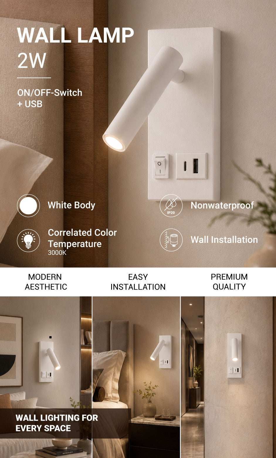 LED Cabinet Light 2W With ON/OFF-Switch + USB White - product view