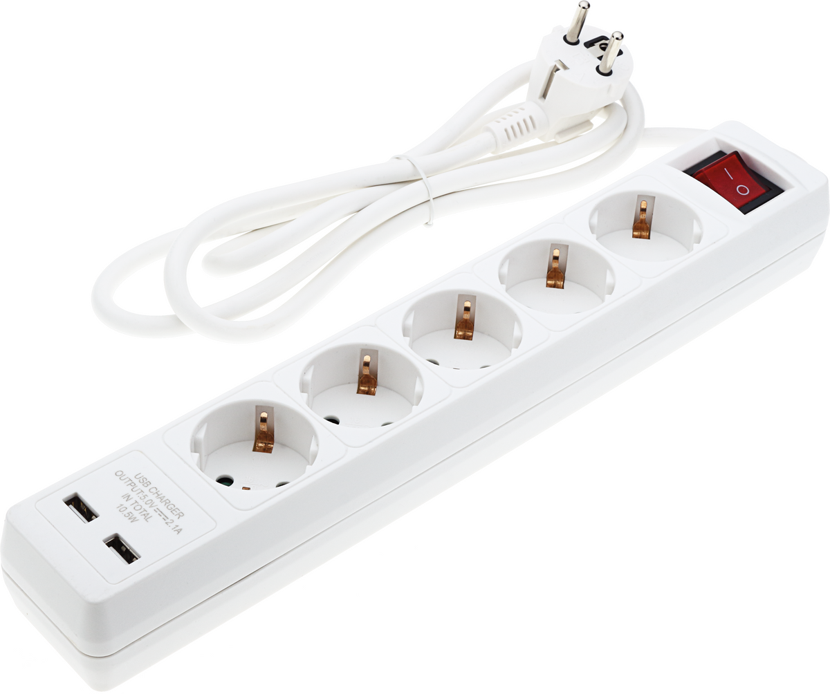 Power Strip 5 Sockets + ON/OFF button and 2xUSB
