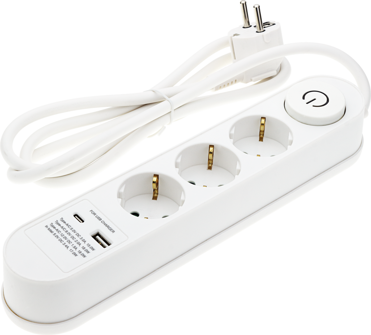 Power Strip 3 Sockets + ON/OFF button and USBx2