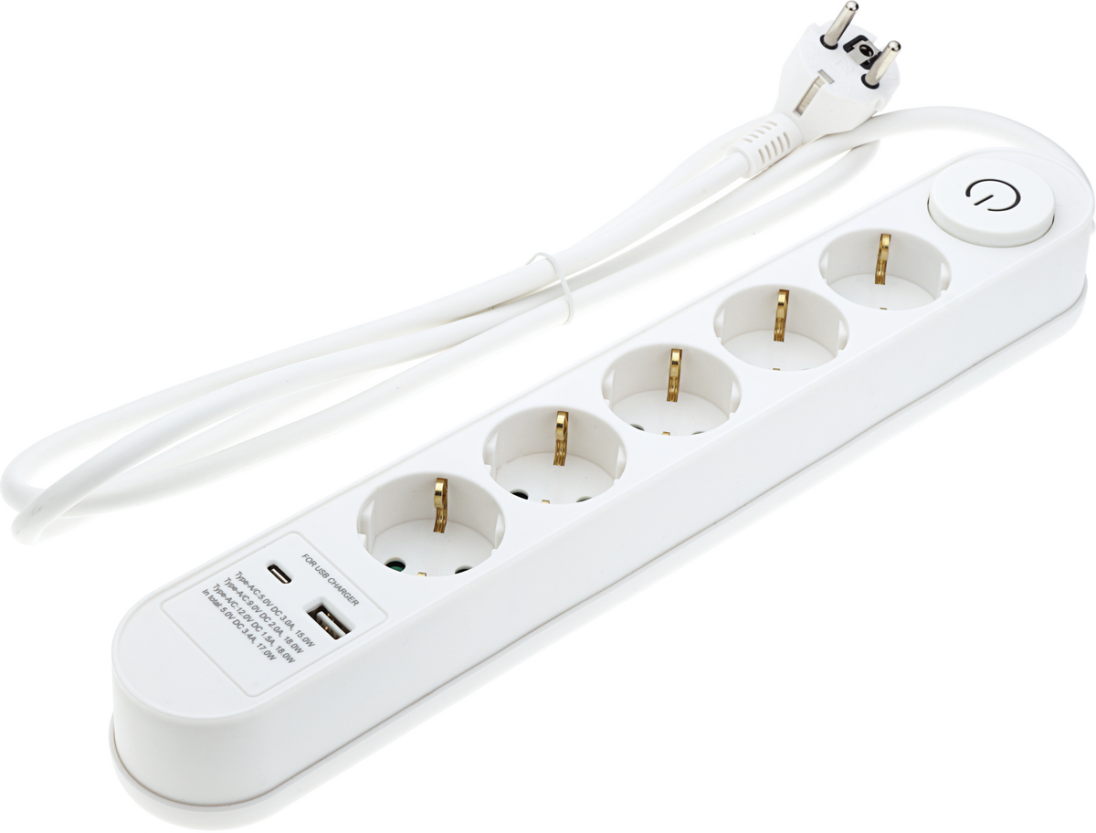 Power Strip 5 Sockets + ON/OFF button and USBx2