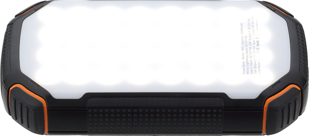 POWER BANK 20000mAh 3.7V SOLAR:1.2W BLACK+ORANGE LED:4W - product view