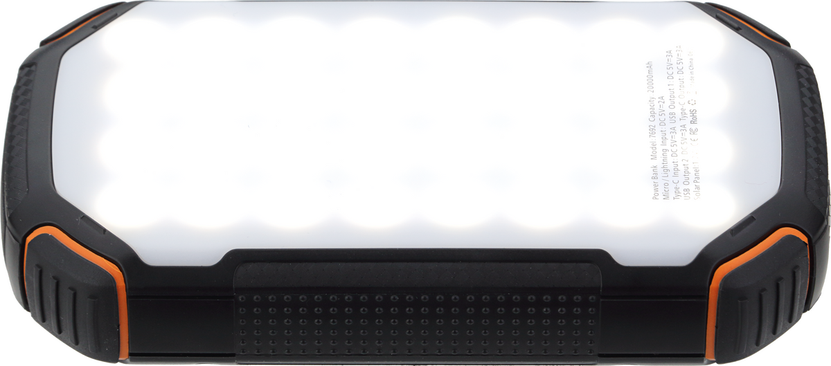 POWER BANK 20000mAh 3.7V SOLAR:1.2W BLACK+ORANGE LED:4W - product view