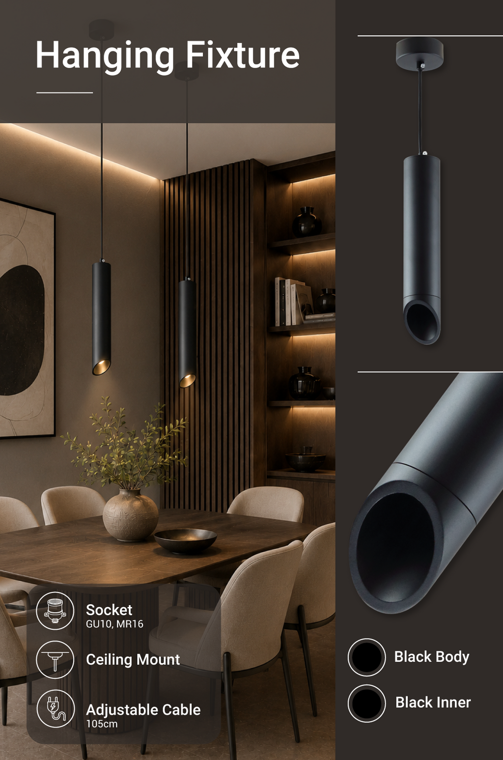 Hanging Fixture Black Body Black Inner Range GU10, MR16 Fitting - energy label