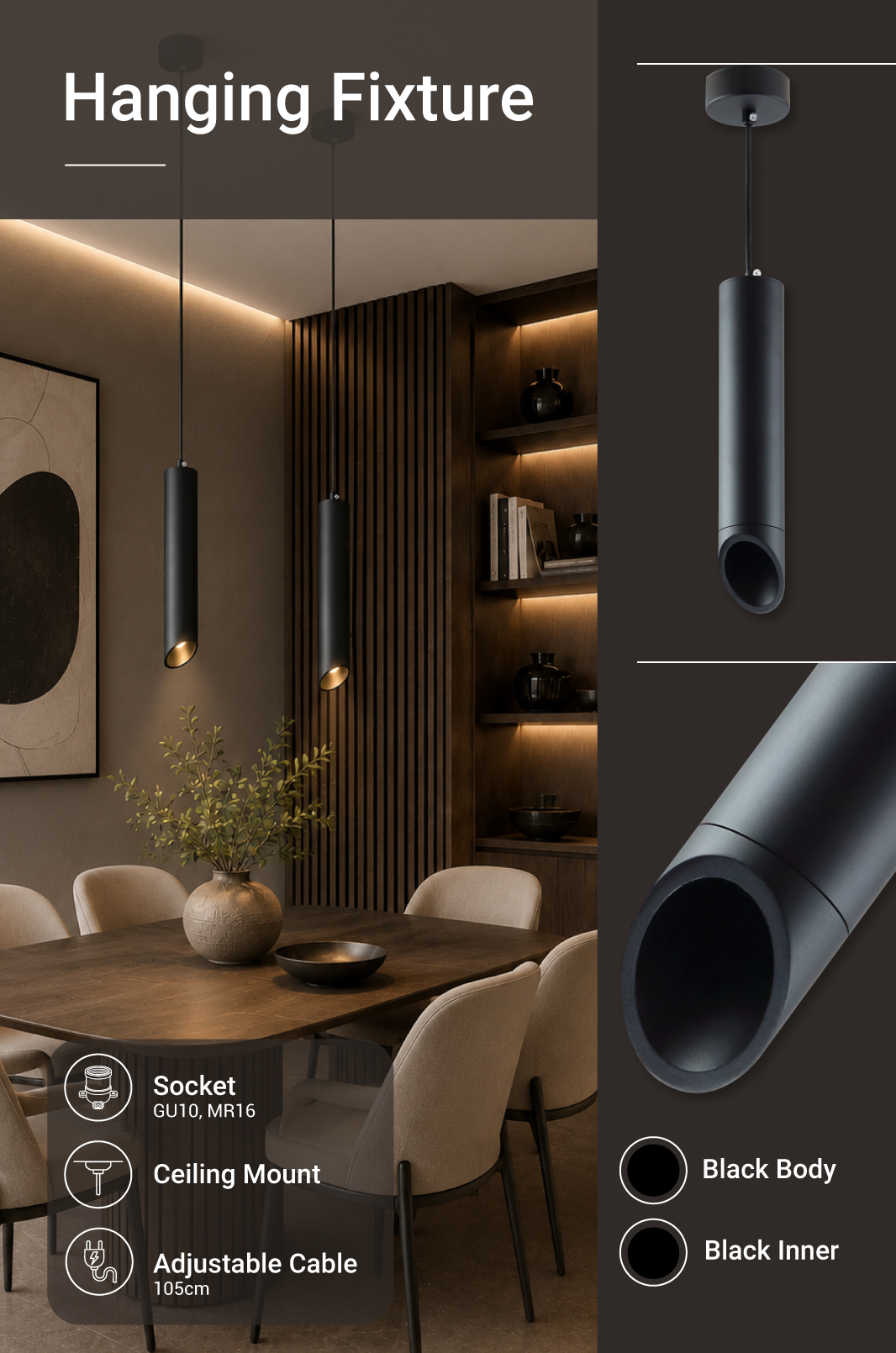 Hanging Fixture Black Body Black Inner Range GU10, MR16 Fitting - energy label