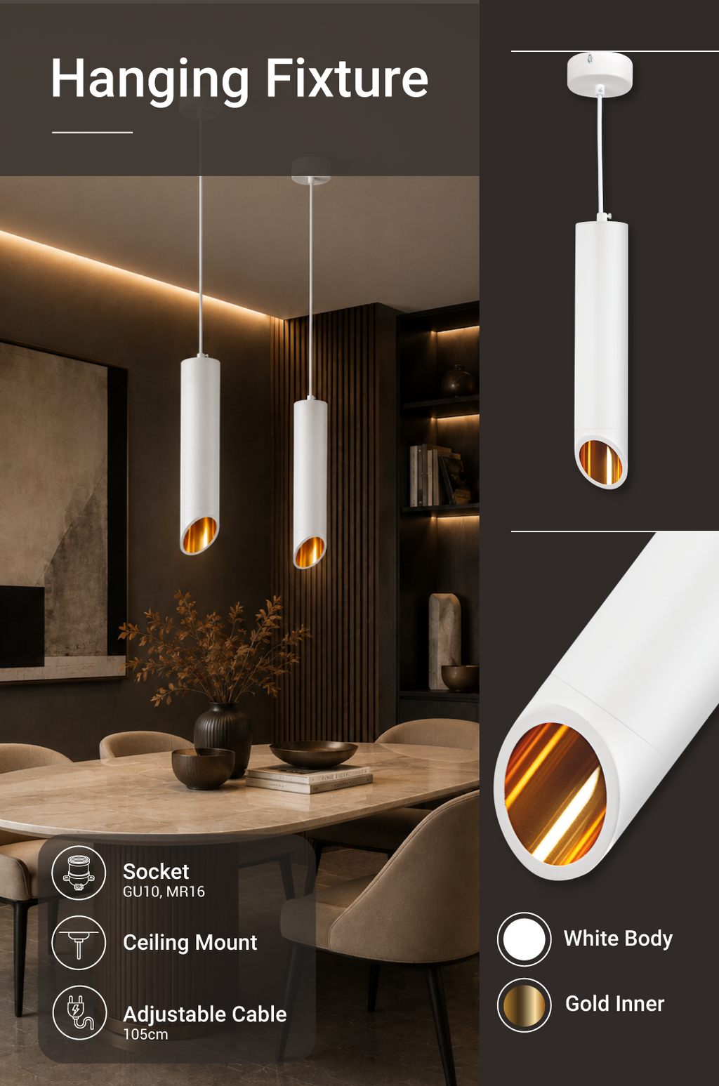 Hanging Fixture White Body Gold Inner Range GU10, MR16 Fitting - energy label