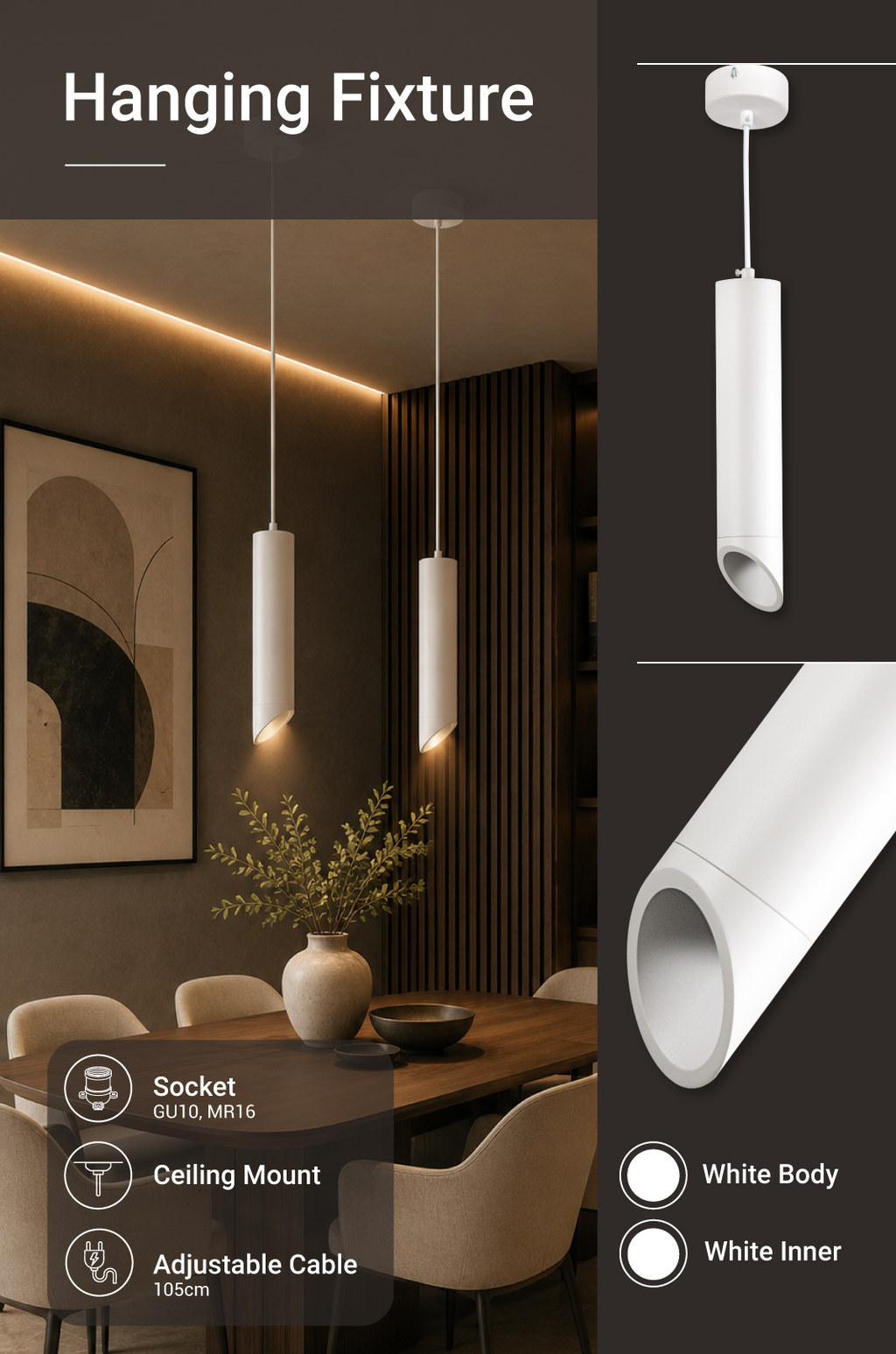 Hanging Fixture White Body White Inner Range GU10, MR16 Fitting - energy label