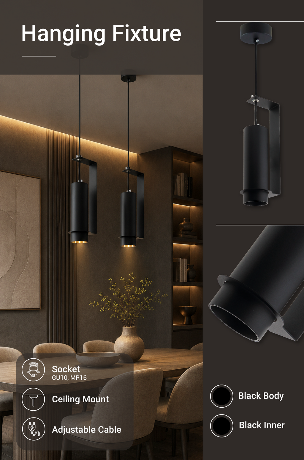 Hanging Fixture GU10, MR16 Fitting White And Black Body - energy label