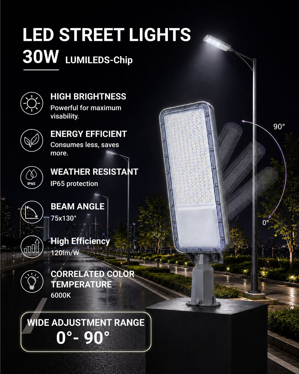 LED Street Light 30W LUMILEDS-Chip 75x130° - Grey Body - product view