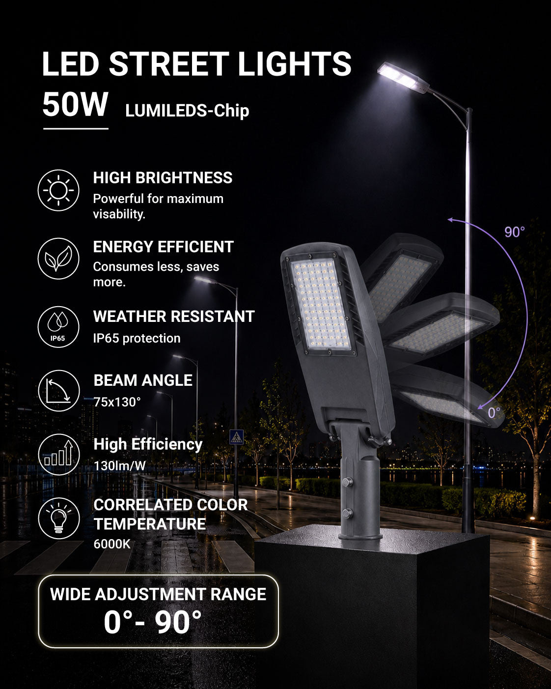 LED Street Light 50W Grey Body LUMILEDS-Chip IP65 75x130° - NEMA BASE - product view