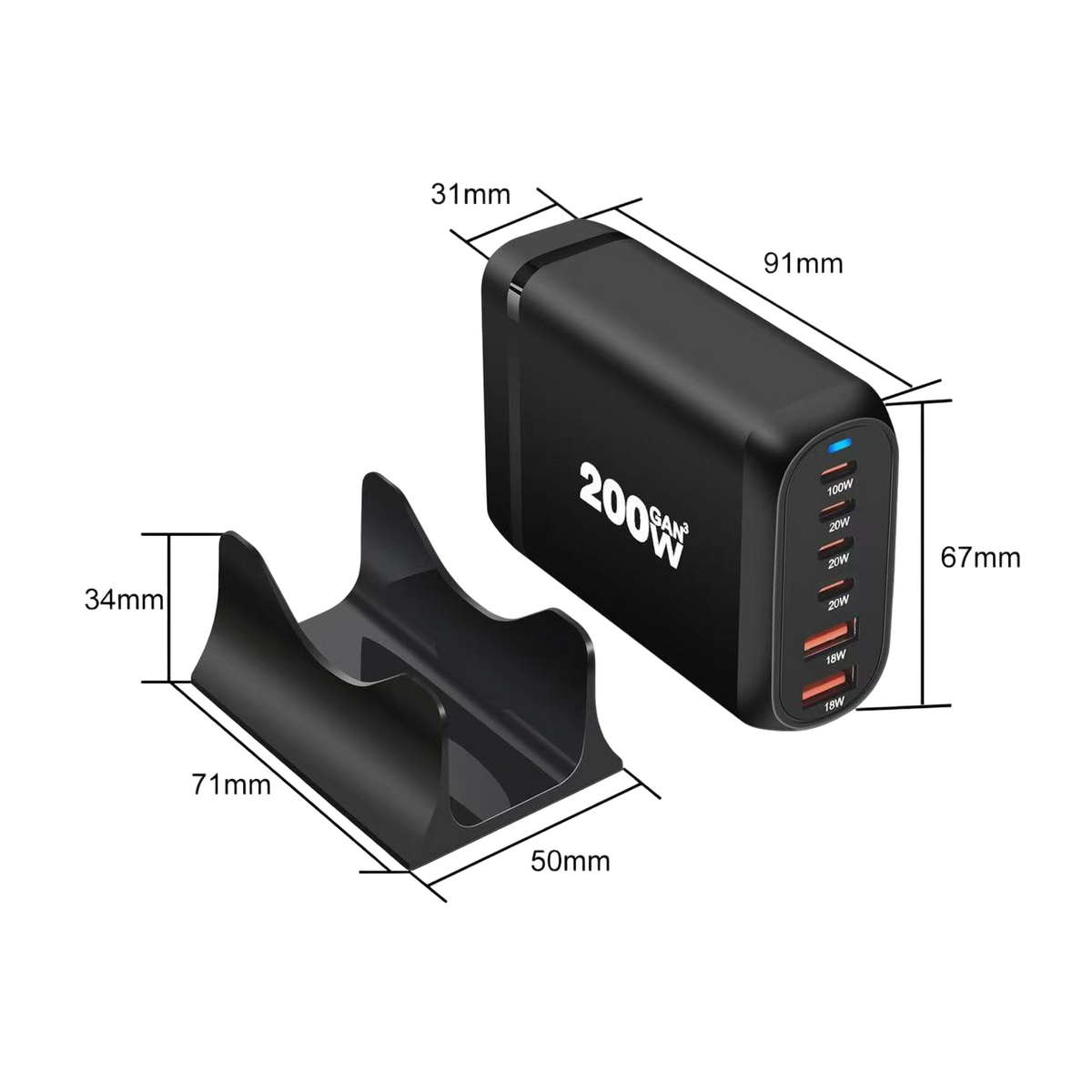 200W Adapter with EU Plug - 4-Type-C / 2-Type-A - energy label