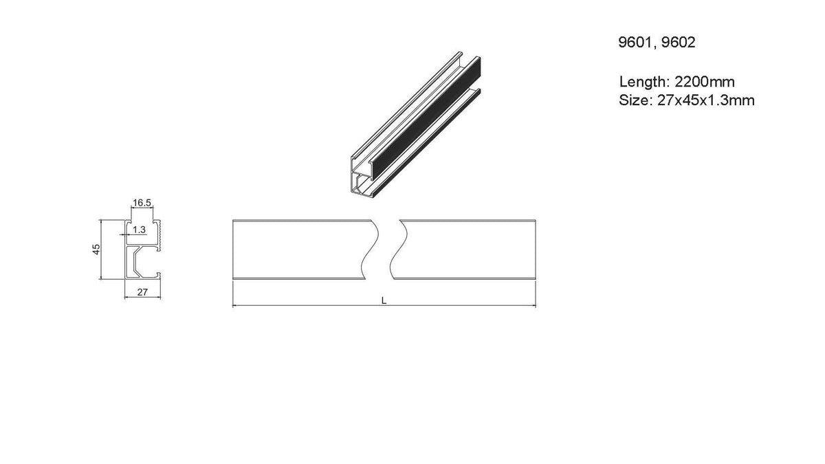 Aluminium Silver Rail 27*45mm 2.2m - product view