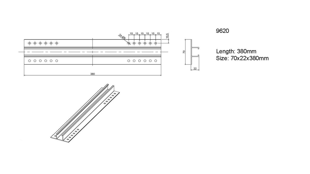 Aluminium Silver Rail 70x22x380mm - product view