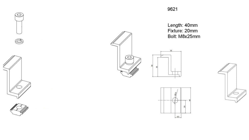 End Clamp M8*25mm Inner Hexagonal Bolt + Washer + T Fixture for Solar 30mm - product view